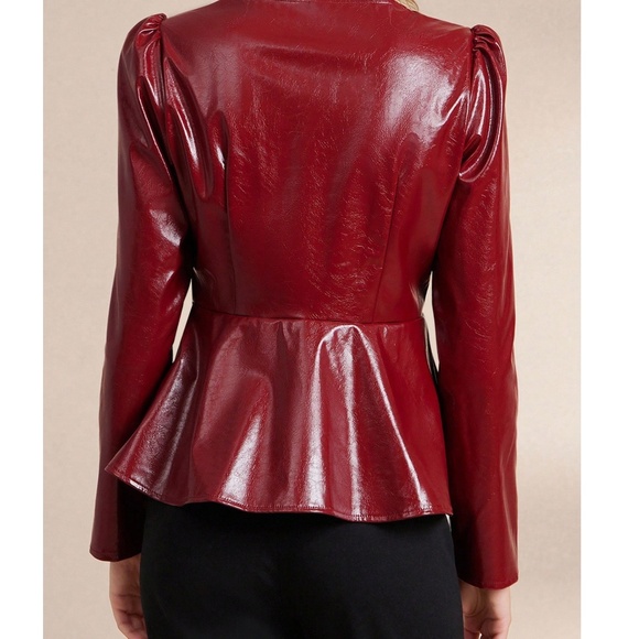Classic Vegan Leather Zip up Puff Sleeve Flared Hem Jacket - Picture 9 of 10